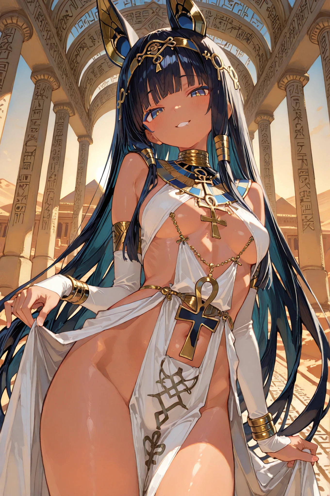 ((best quality)), ((masterpiece)), (detailed face and eyes), perfect face, accurate, textured skin, high details, highres, Cleopatra, queen of ancient Egypt, in silk dress, jewelled crown, lipstick, cowboy shot, Tanned skin, brown skin, throne