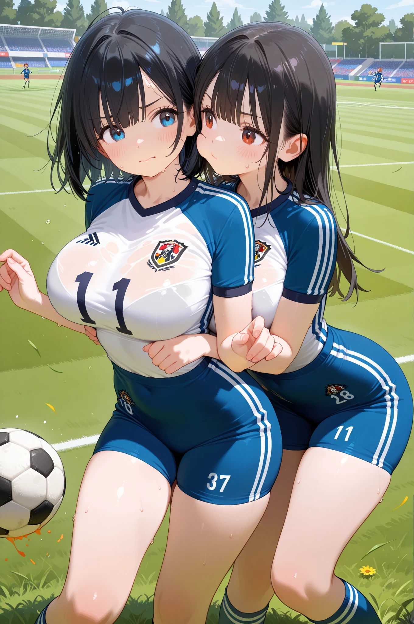(anime ,2D) a female soccer player of average height ,clear skin,thin face ,blue eyes,black hair ,waist length ,white bangs,collected in a ponytail,Skinny body,big breasts,small waist, France national team uniform, In a soccer field ,kicking a ball with a super technique.
