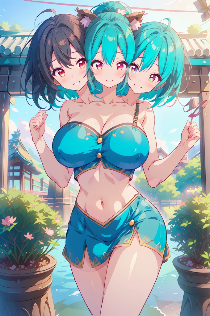 Highest quality, Super detailed, (Ultra-high resolution,8k), Ultra-high definition 4K, (Perfect Anatomy, Anatomically correct), (Three pure married shrine maidens), (A peaceful moment), (High-quality facial beauty), (In the Storm), (Photorealistic), (Detailed big breasts), Soft Skin, Glowing Skin, Bright lighting, 非常に激Shii雨, colorful, god々Shii, Professional photography techniques