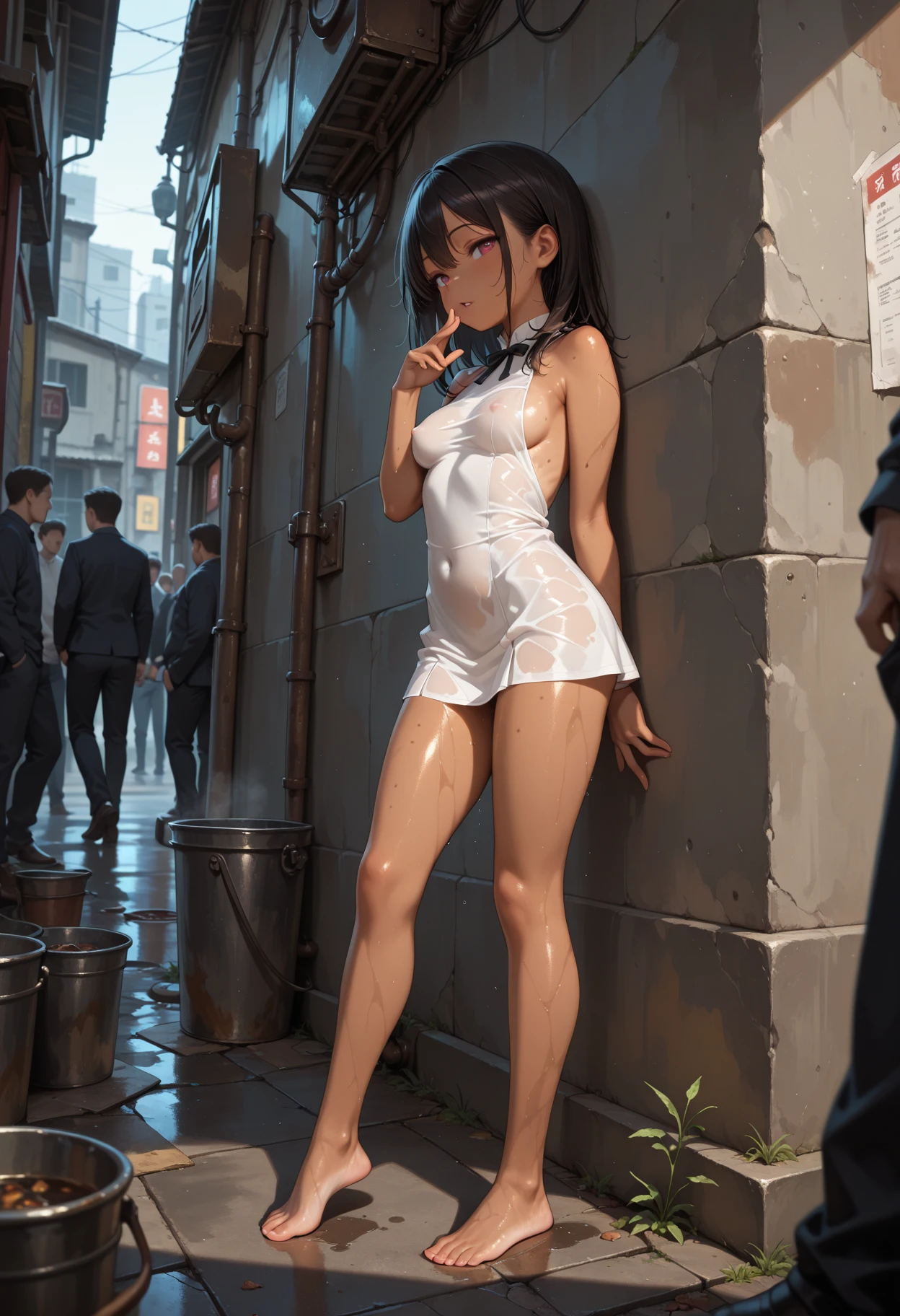 ((medium breasts, cute girl, small head, multicolored bright hair)), daylight, sunshine, (sexy little belly: 1.1), (perfect body: 1.1) , (short hair: 1.5), bob haircut, glasses, collar, chain, full body shot, crowded streets, nude, naked, pink nipples, sweating, sweat, wet body (very detailed CG 8k wallpaper), (extremely delicate and beautiful), (masterpiece), (Best Quality: 1.0), (Ultra High Resolution: 1.0), Beautiful Lighting, Perfect Lightning, Realistic Shadows, [High Resolution], Detailed Skin, Super Delicate body, photoshoot pose, dynamic pose