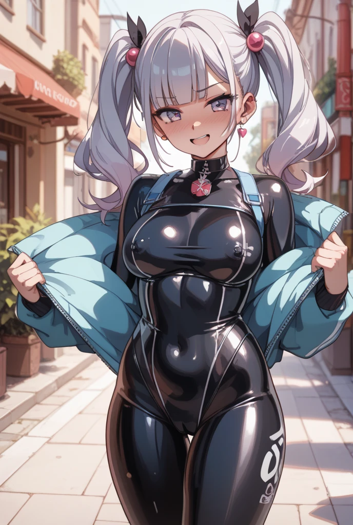 Silver-haired girl drawn in high resolution Japanese anime style、(masterpiece:1.4),(highest quality:1.4),One girl, alone, :d, animal ear Headphones, Animal ears, Raise the hand, bangs, blush, Bodysuits, chest, Rabbit Pose, Bikini Under Clothes、 writing, Covered navel, Cowboy Shot, cropped Jacketの下ビキニ、, fake Animal ears, gloves, Outdoor,morning,snow, Hair Intake, Headphones, impossible Bodysuits, Impossible clothes, Jacket, large chest, latex, latex Bodysuits, Long Hair, Long sleeve, View Viewer, large chest, multicolored gloves, Open your mouth, pink Bodysuits, Pink Eyes, Red eyes, red Jacket, Shiny clothes, Shrug \(clothing\), Side Lock, Fits perfectly to the skin, smile, Thighsの隙間, Thighs, Twin tails, very Long Hair, white gloves, Gray Hair,Alice \(Nod\),(Shiny skin),Realistic,