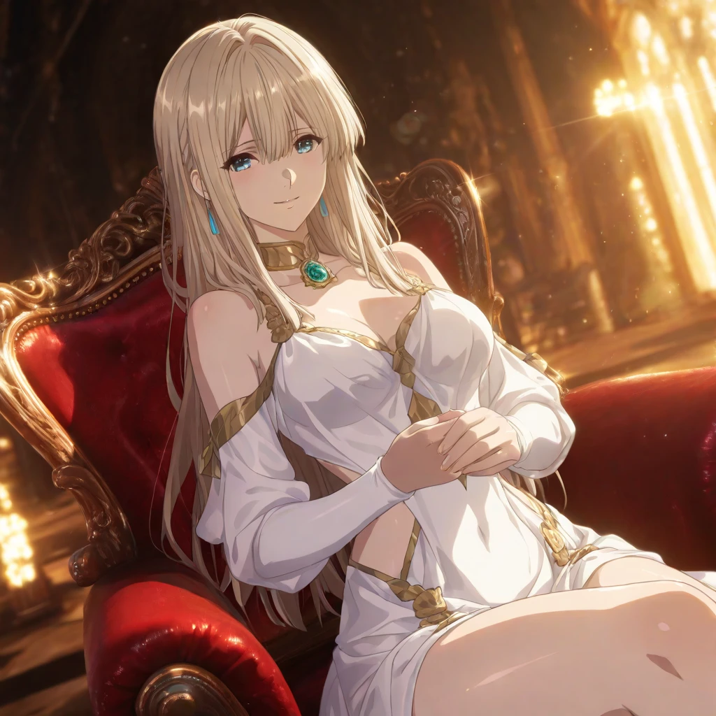 Irisviel,black sheer dress sleeveless and Decorated with golden color,solo,looking at viewer,beautiful smile,arm at side,middle size of breast,beautiful necklace,sitting in chair looking at you with smile,take off the top of a dress