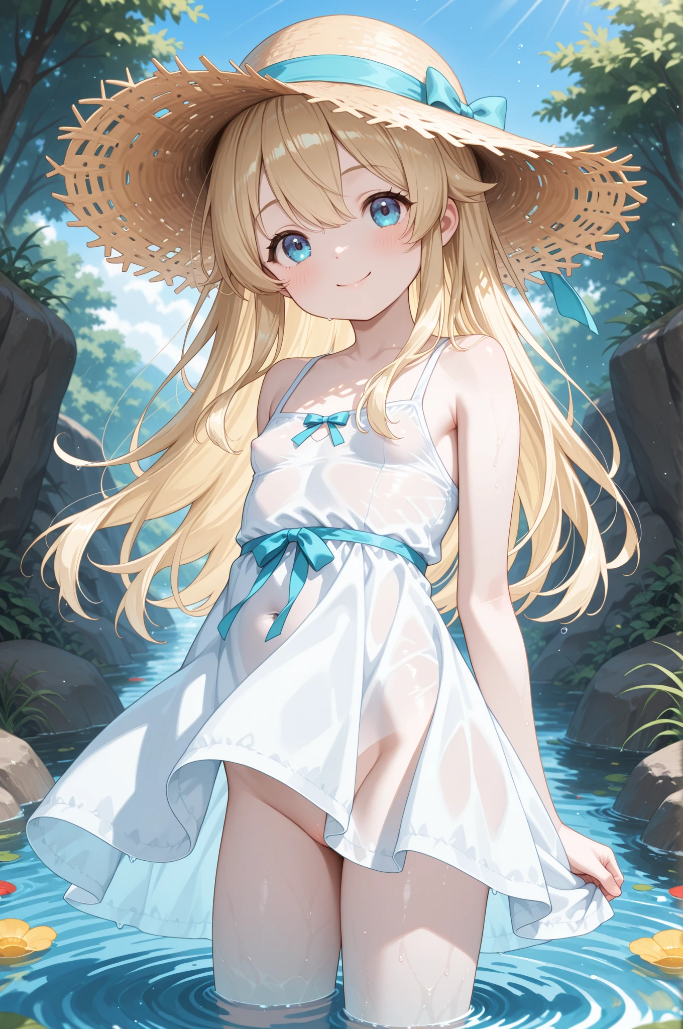 <lyco:GoodHands:1.0>, <lora:add_detail:0.5>, (masterpiece), best quality, day, sky, nature, park, lake, 1girl, solo, petite, white dress, sundress, sleeveless, sleeveless dress, wet clothes, wet dress, see-through silhouette, navel, hair ribbon, white ribbon, blonde hair, very long hair, aqua eyes, blush, embarassed, open mouth, smile, water, wading