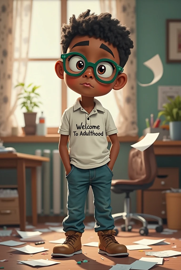 A cute african american boy mixed wearing glasses, The Adventures of the Goggle Squad, ....3d, 3K, 8k, Pixar, Desbotamentos Transparentes, altamente detalhado, Adding Various Outfits and Matching Hairstyles, Blue Hoodie Series