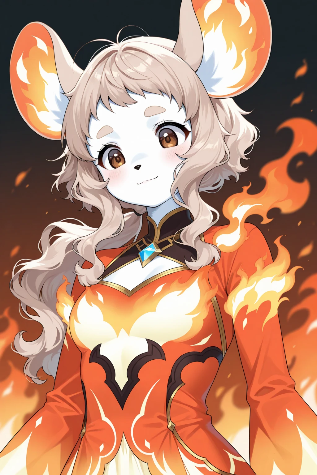 masterpiece, best quality, HD, ultra-detailed, 1girl, vivid colors, Pokémon Flareon, Red Eevee, Flame pokemon, Fire pokemon, (furry:1.35), humanoid, humanization, anthropomorphic, on 2 legs, beautiful detailed (black eyes), big (black eyes), Fire and flames environment, fire palette, fluffy flaming ((yellow tail)) and (red colored ears), ((black inside ears)), (fluffy (deep red) flame fire red colored skin and fur), detailed (flame yellow) hair color, beautiful ((fashionable hairstyle, tuft hairstyle, standing hairstyle, curled hair)), ((detailed red colored long fluffy dress)), , oppai, , ((yellow cloth neckband decoration)), sparks and flames fly from it in all directions, Action strong Pose
