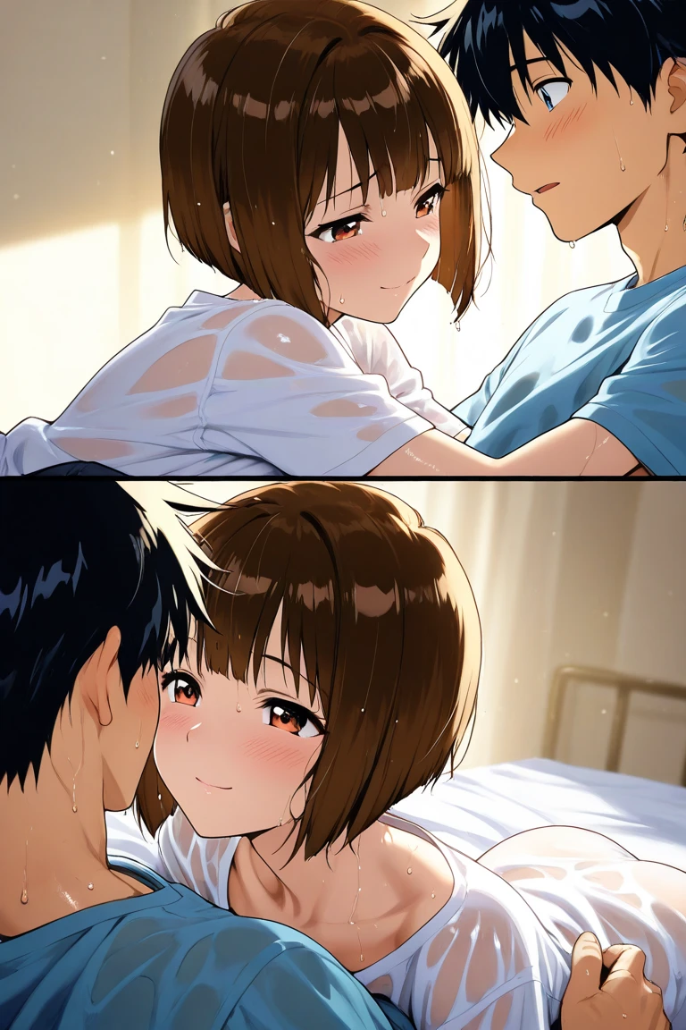 Kobe, Kobeni Higashiyama, Black Hair, hair ornaments, Hair Clip, Mole, Mole under eye, ponytail, short hair, (Brown eyes:1.5),
break (masterpiece:1.2), Highest quality, High resolution,whole body,Anxious face, 1 boy and 1girl are having sex on bed, lying on her stomach,