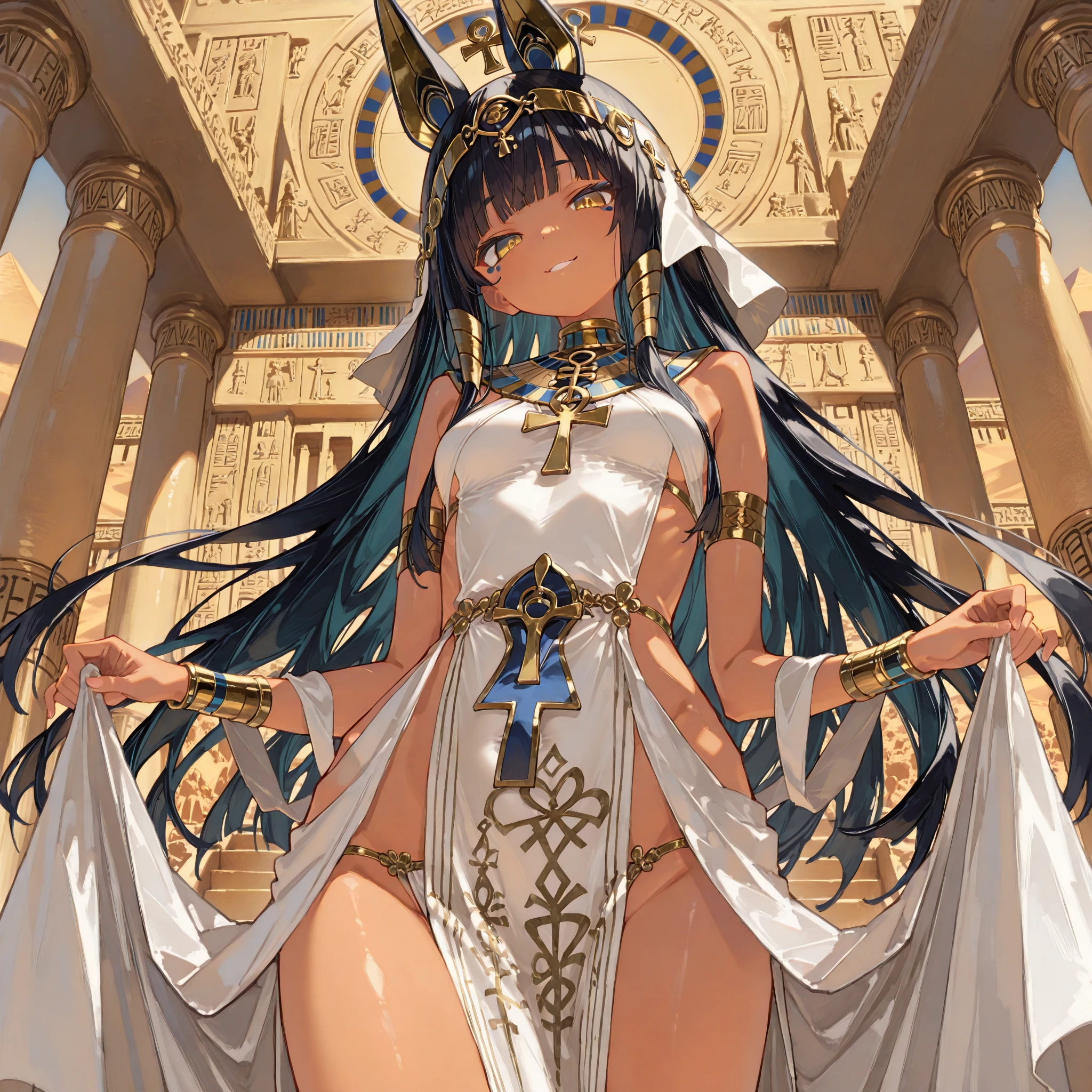 Black-haired, dark-skinned, flat-chested girl，gold necklace，white egyptian clothing，cleavage，Bare waist，desert，underwear，Standing，pyramid，sphinx