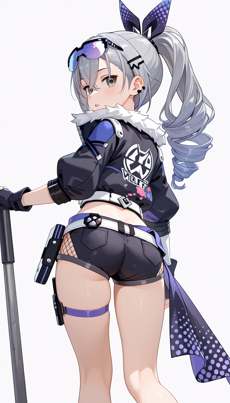 (nsfw), masterpiece, Best Quality, Realistic, Create an image of a young woman embodying futuristic fashion art. The scene should have the highest quality and realism, featuring an Instagram model named April. She should be shown in a full-body, wide-angle shot, standing confidently with a full body in the frame. She has an ultra-slim waist, medium firm breasts, a medium-sized buttocks, and beautiful sexy legs, showcasing sculptural beauty. Her skin is white and silky, with a thin neck and small head.

April is dressed in a striking white and black military print bodysuit paired with a sleek black leather belt with a futuristic metallic buckle and low-rise black leather shorts with zipper accents. She wears a sheer black mesh bomber jacket adorned with white and black military patches, and chunky black combat boots with silver hardware. Her look is fierce and bold, complemented by black fingerless gloves with white LED lights and high-tech accessories. She also sports a white and black camouflage print bucket hat and oversized black sunglasses with reflective lenses, adding an edgy attitude.

Her outfit is completed with a white and black military print backpack with multiple compartments, merging functionality with style. Her hair is styled in a sleek high ponytail with black and white ribbon accents, reflecting a futuristic hairstyle. April walks with a confident stride, exuding a hint of rebellion, embodying the essence of future street-chic fashion. She stands in a setting of concrete, fog, and mist, surrounded by realistic black shadows. Her face is detailed, cute, and slim, with a happy expression, duck mouth, perfect teeth, gray hair, and shiny blue eyes, looking directly at the viewer.