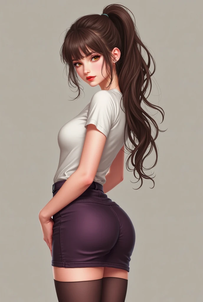 (masterpiece, best quality:1.2), cowboy shot, solo,1girl,looking at viewergirl, ,brown hair, straight hair styled in one high ponytails with hair pin. white oversized light adidas jacket made of polyamide and tight white flared jeans made of denim, bright cotton and satin polyester. This outfit allows every curve of her juicy butt to show through clearly, creating an incredibly sexy effect. brownie lips, long eyelashes,
