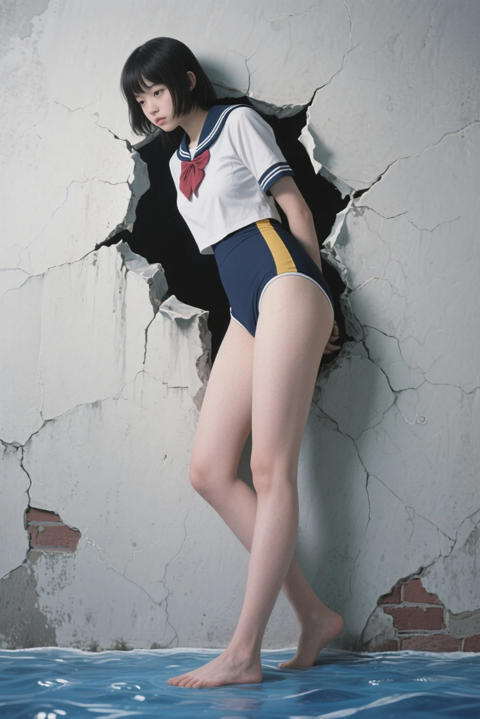((Accurate, anatomically correct, masterpiece, highest quality, 32K)),masterpiece,1cute girl, solo, resisted, (((school uniform))), full body, skinny, after glow, flat chest ,bondage, shibari, bdsm, ikelag style,CROSS_T, Crucifixion, Arms Spread, Legs Together