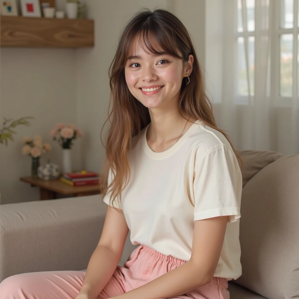 One girl chatting.she ware one light pink t shirt and night pant in position of sitting down in a room in frent of her one bag .bag colour pink 

