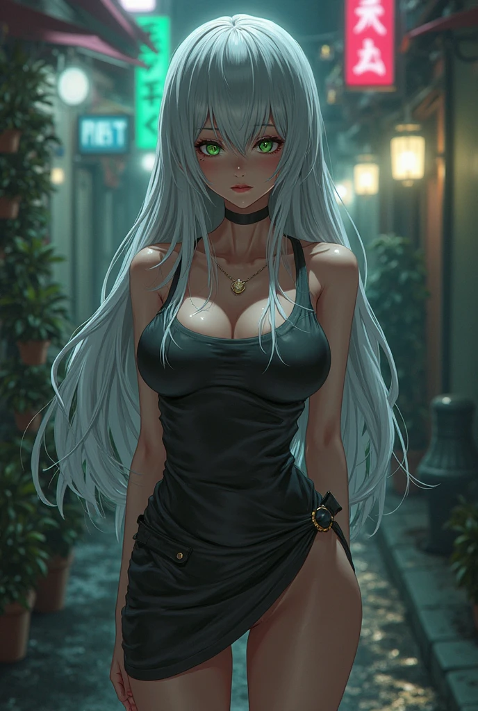 (Masterpiece:1.2, high quality), (pixiv:1.4), (1girl:1.2), (solo:1.2), (smooth:0.8), beautiful woman, rich lady, (mature), pale white skin, red cheek, blush, (smile:1.2), silver hair, side fringes, bangs, wavy hair, (strand braids), hair clips, hair over eyes, black eyes, (detailed eyes), symmetrical eyes, black eyeshadow, glossy lips, pale pink lips, symmetric face, (round earrings), (looking towards the viewer), mole on chin, plunging neckline, pendant, (black dress), luxurious dress, slit dress, collarbone, neckline, luxurious, slender arms, (beautiful round breasts:1.2), plunging cleavage, slim waist, professional photography, dynamic pose, model, female model, celebrity, best quality, (absurdres:1.2), ultra-detailed, HD, 1080, 4k, 8k, intrinsic details, shiny blue sky, aesthetic outdoors, sky background, waterfall, waterfall background, wind blowing hair, vivid colors, dynamic lighting, ((detailed face)), blurry background, highly focused face, 