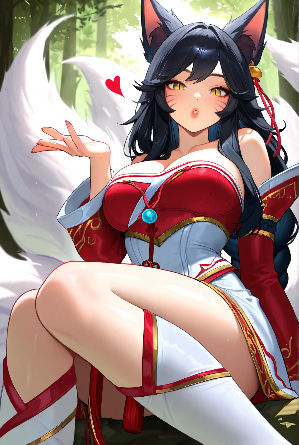 (best quality,ultra-detailed,realistic:1.37),Ahri,spa,luxurious,relaxing atmosphere,beautiful detailed eyes,beautiful detailed lips,smiling,bathrobe,sitting upright,black hair,nine white tails,peaceful background,portraits,vivid colors,soft lighting,tranquil ambiance, bare breasts