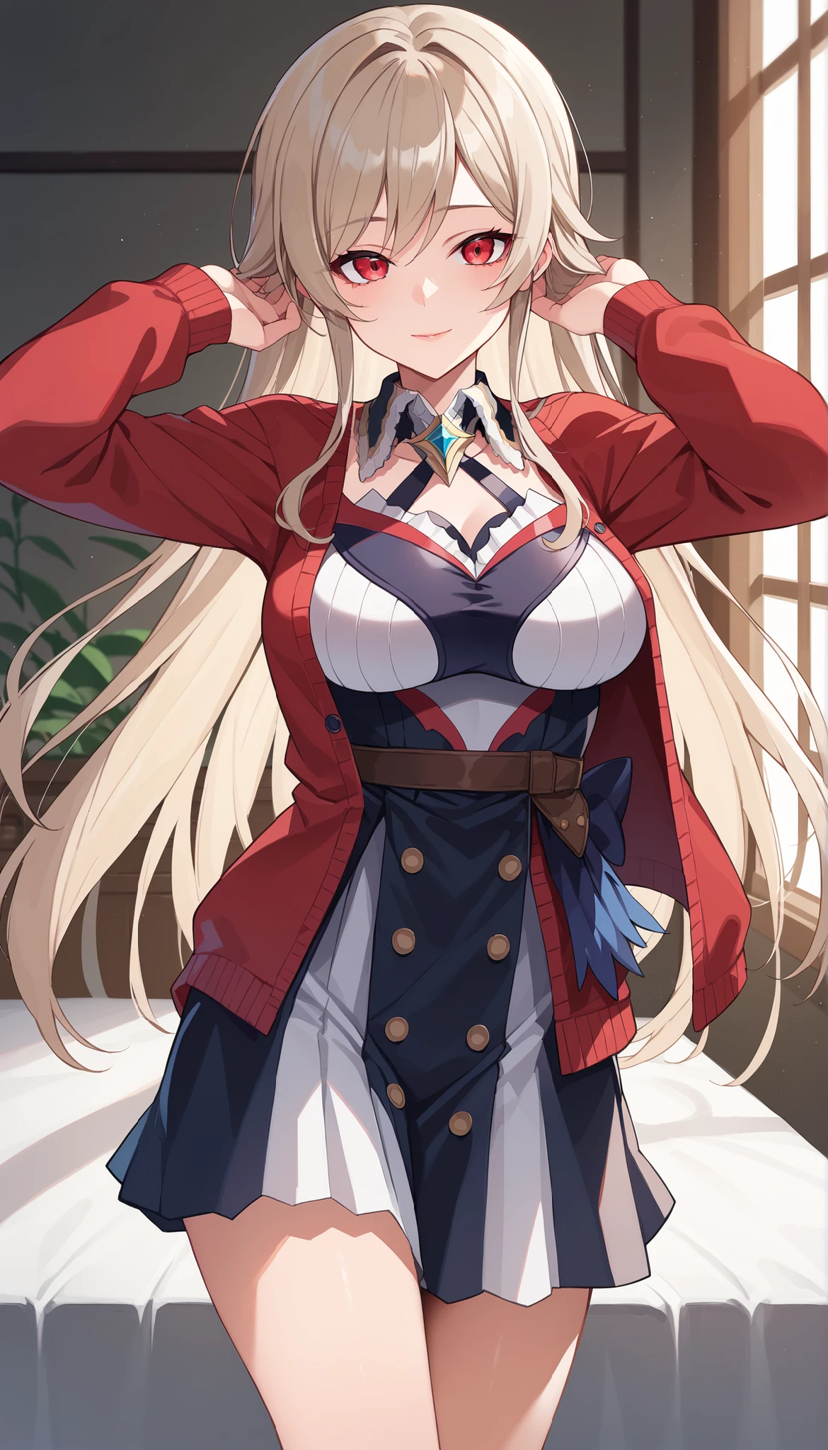 8k, huge , floating hair, busty, large ?????, big ????, thick, masterpiece, best quality, 1girl, ichinose, ichinose, 1girl, solo, smile, skirt, bow, , jacket, socks, blazer, simple background, masterpiece, view at camera, fullbody, random pose, slim waist and ????