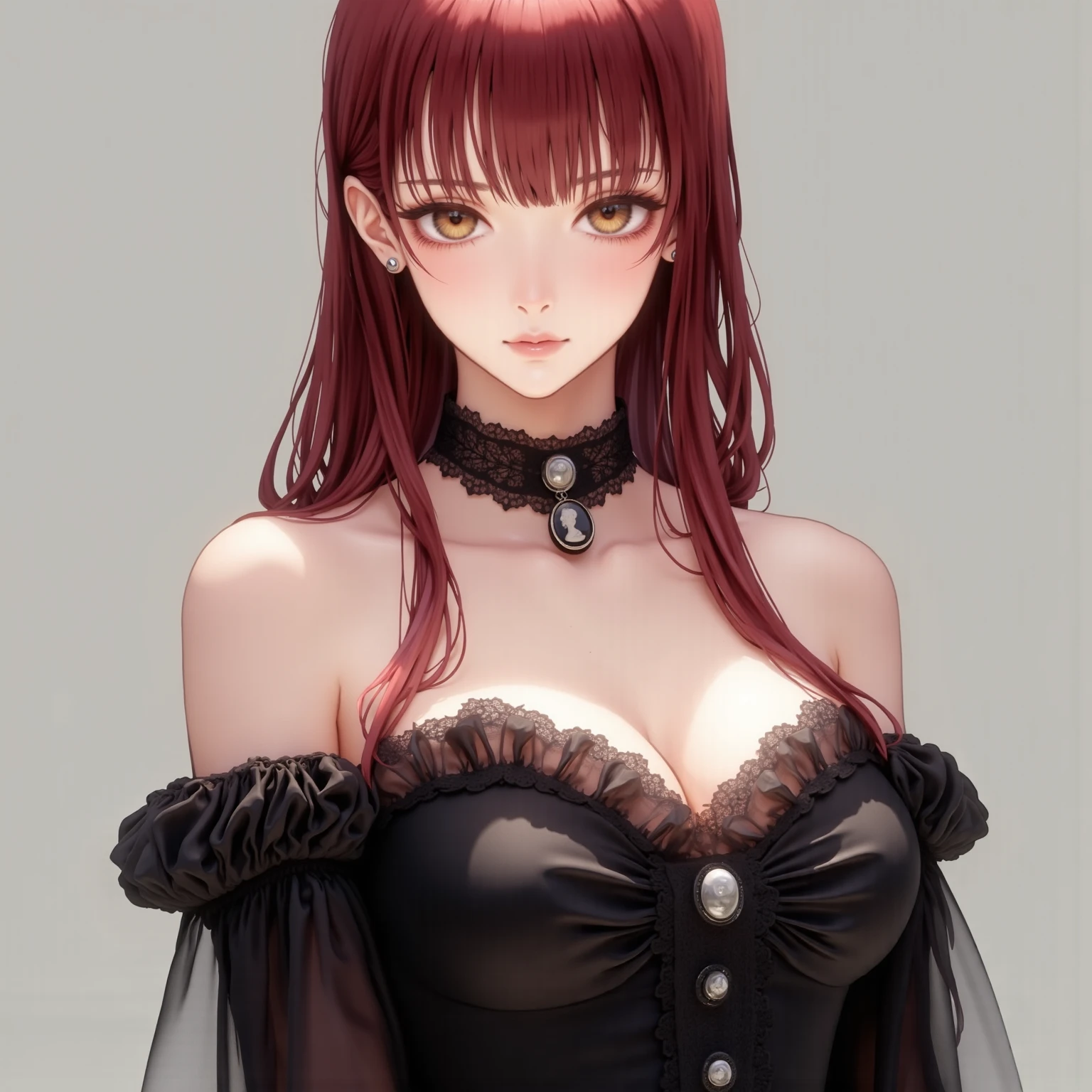sexy petite young woman with short red and black wavy hair, dd breasts, white sheer blouse tied at the midriff, showing cleavage, black miniskirt, highly detailed face, highly textured skin, hyper-detailed face, full body view