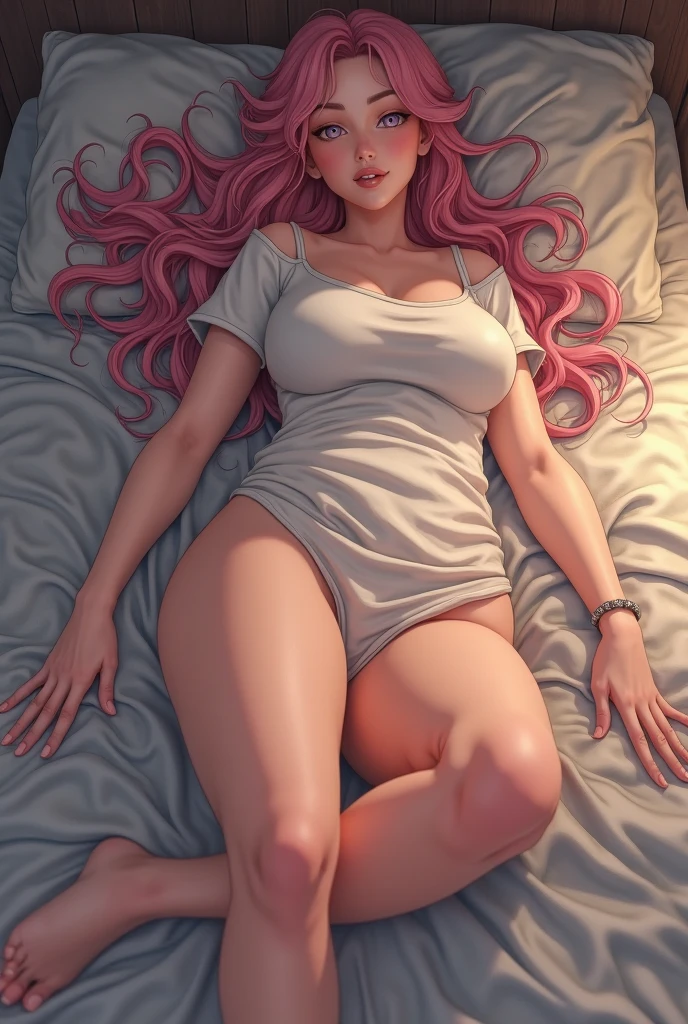 Beautiful girl , slim fit body , long rogue hair, mini skirt, rose pink lips, blushed cheeks, cute face , detailed skin, yellow eyes, slim waist , big breasts , snow white skin, thick thighs