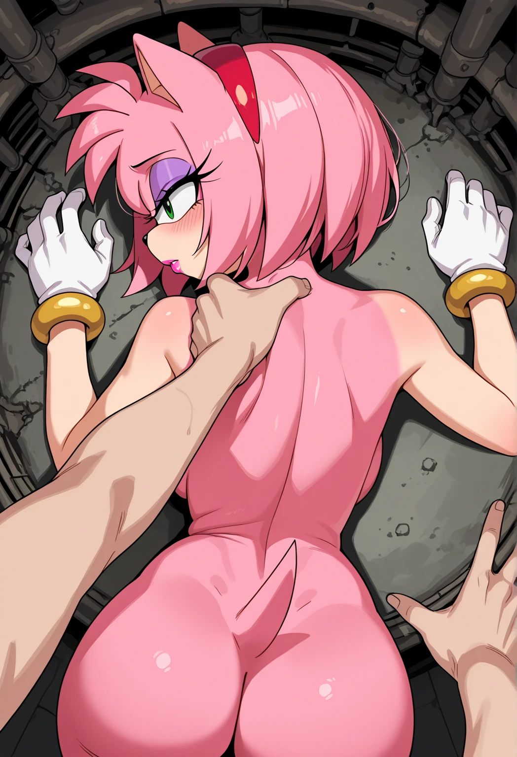 score_9, score_8_up, score_7_up, score_6_up, score_5_up, score_4_up, BREAK 1girl, 1boy,  rating_explicit,  starfire, starfire from teen titans, red hair, dark skinned female,metal neck ornament,armlets,, nude , 1boy, doggystyle sex, kneeling, rough sex, arms pull, motion lines, nude, nipples, vaginal sex, outside, graffiti, dark alley, female focus, headless male, faceless male