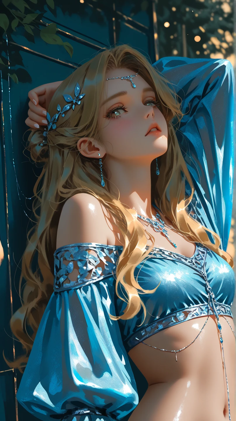 ((Best quality at best)), ((tmasterpiece)), (detailed), female titan, Blonde hair, short detailed hair, eBlue eyes, terrifying beauty, Inhabit the cloudantasy illustration:1.3), captivatinggaze, captivating posture, Delicate scars, otherworldly charm, mystical sky, (Royo:1.2), (Yoshitaka Amano:1.1), Moon Night, pastelcolor, (detailed cloudscape:1.3), (A high resolution:1.2)