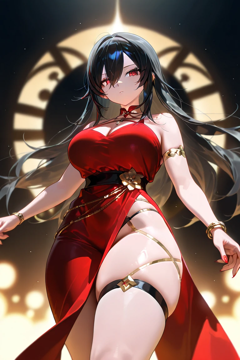 best quality,Astonishing,masterpiece,Beautifully,ultra high resolution,Super detailed,intricate details,Beautiful detailed,8K resolution,professional lighting,camera effects,(edge lighting),sharp focus,(Extremely detailed CG unified 8k wallpaper),Elf,female,milf,red eyes,seductive smile,off shoulder dress,necklace,Gemstone on the chest,perky breasts,Frame Breast,Lizhishimo,long pointed ears,bare legs,Thick thighs,bare shoulders,clavicle,strappy high heels,Put your arms behind your back,hair accessories,flowers on head,looking at the audience
