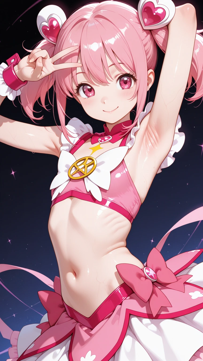 Top Quality, Masterpiece, High Definition, Very Detailed, 8k, One Girl, Cute, Anime, Crystal Clear White Skin, Sensual, Full Body, 2nd Grade of Junior High School, 13 Years Old, (Hair Color Shining Light Pink), Beautiful Cute, Bow on Head, Too Many Hair Ornaments, Cute Micro Bikini Style, Crazy Worldview, Bloody, Eyes Glowing Suspiciously Red, Fairyland, Back road, crazy smile, bright red oasis, hand on crotch, inviting