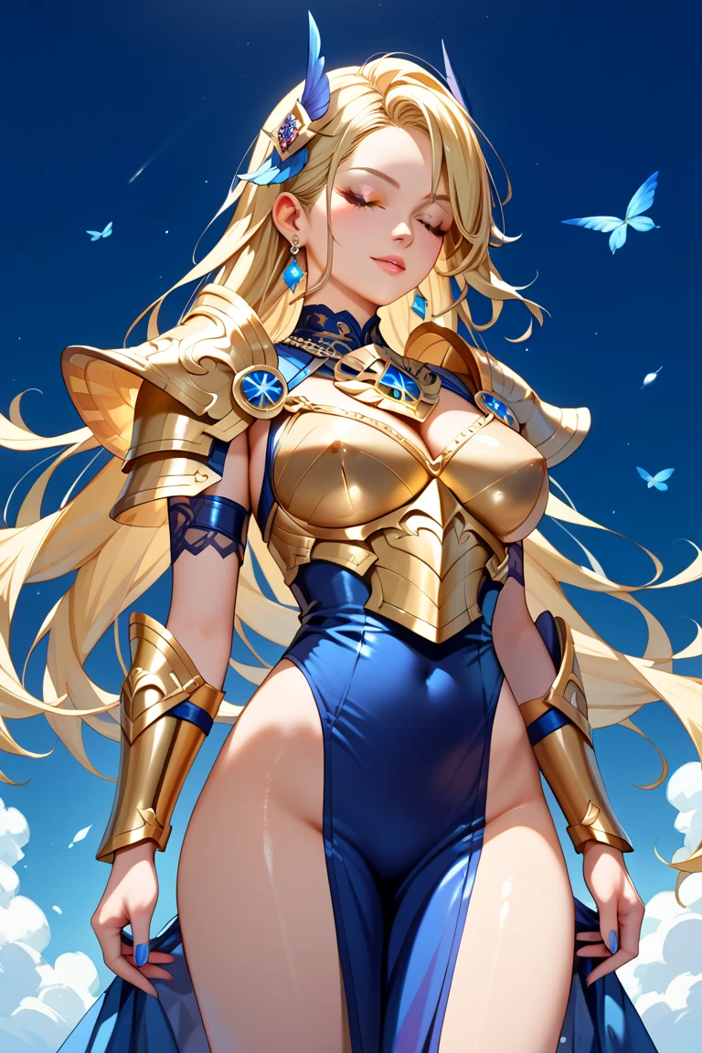 Browsing Caution,Sensual, Long blonde hair, Thick thighs, 8k, 4K, Highest quality, (High resolution:1.6), Cute anime face, Noise Reduction, (Sparkling Blue Eyes, A kind smile:1.3, Kind eyes:1.3)、Toned Abs, Muscular arms, Muscular legs, Young Face, Anime Eyes, Siggy、(Equipped with a shield on the left arm:1.5)、(SFW Giant:1.9)、(Beautiful Nose:1.5)、Long tights、Knee-high boots、(garter belt:1.5)、Beautiful Hands、Beautiful fingers、(Orange low rise thong:1.5)