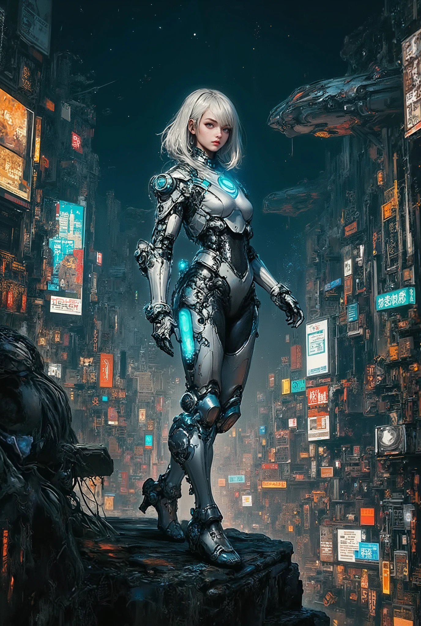 oil painting of a young petite teen who has a sleek, blue metallic body with integrated blue LED lights running along her contours. Her eyes are a piercing, luminous blue, reflecting the neon lights of the city. She has white shoulder length hair, pale white skin, and blue eyes. She is clad in futuristic, form-fitting metallic armor, combining elegance with technology. She stands gracefully on the edge of the building, with a tranquil expression. Her body is slender, petite, and athletic. Her body is cyborg with mechanical parts integrated into it. Her arms and chest are fully mechanical. Her pose symbolizes calmness and balance, perhaps with one hand resting lightly by her side and the other raised slightly, her metallic fingers splayed gently. The city below is a shimmering maze of neon lights, towering skyscrapers, and flying vehicles. The buildings are adorned with giant holographic advertisements, casting a rainbow of colors onto the streets below. A few vibrant neon signs in alien languages add to the futuristic flair. The scene is set at night, with a clear, starry sky above. The cyberpunk city glows with an otherworldly light, creating a stark contrast with the serene android woman. The air is filled with a faint mist, catching the light and adding depth to the scene. She is beautiful and looks like a fashion model. Masterful painting, oil on canvas, Focus on the girl, Painted by John Singer Sargent, Masterful painting, oil on canvas, Focus on the girl, shadow and light, Rembrandt lighting, brush strokes. emotional, harmonious, vignette, 4k epic detailed, shot on kodak, warm light, magic, extremely coherent, cute, beautiful, cinematic, stunning, creative, positive, cheerful, unique, cool, inspiring, pure, rational, very inspirational, friendly, thought, glowing, magical, perfect, intricate, wonderful, lovely, del1cate_balance style, in the style of Rembrandt. Recypu style, NixPort, vantablack 