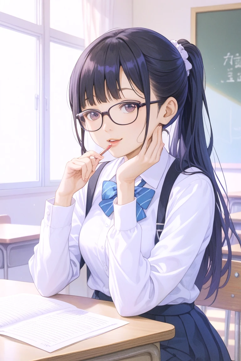 (8K、Raw photography、top-quality、masterpiece:1.2)、Illustration Touch、ultra-detailliert、超A high resolution、女の子1人、dark brown hair、azure eyes、Own room、High school students、校服、plaid skirts、eye glass