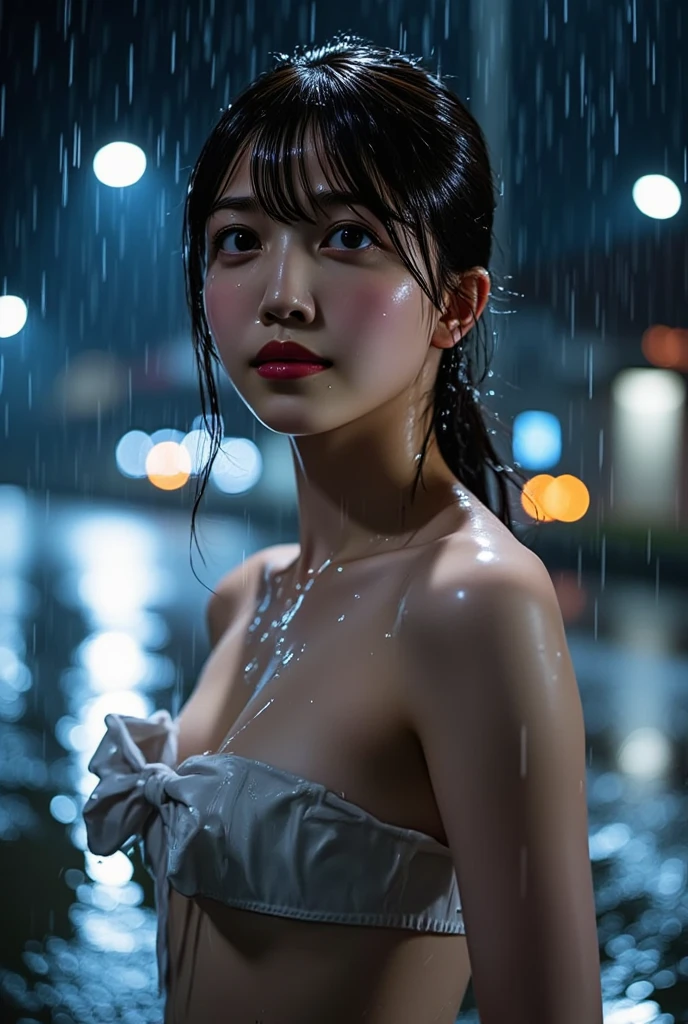 songkran,Wet roads , soaked through,drenched, Dripping, Wet Face,Wet clothes, Wet Skin, Wet Hair,A young woman with a cute face like an idol,chest,(Cinema lighting),(Artistic),RAW Photos,Genuine,Genuine,High resolution,RAW Photos,masterpiece, beautiful