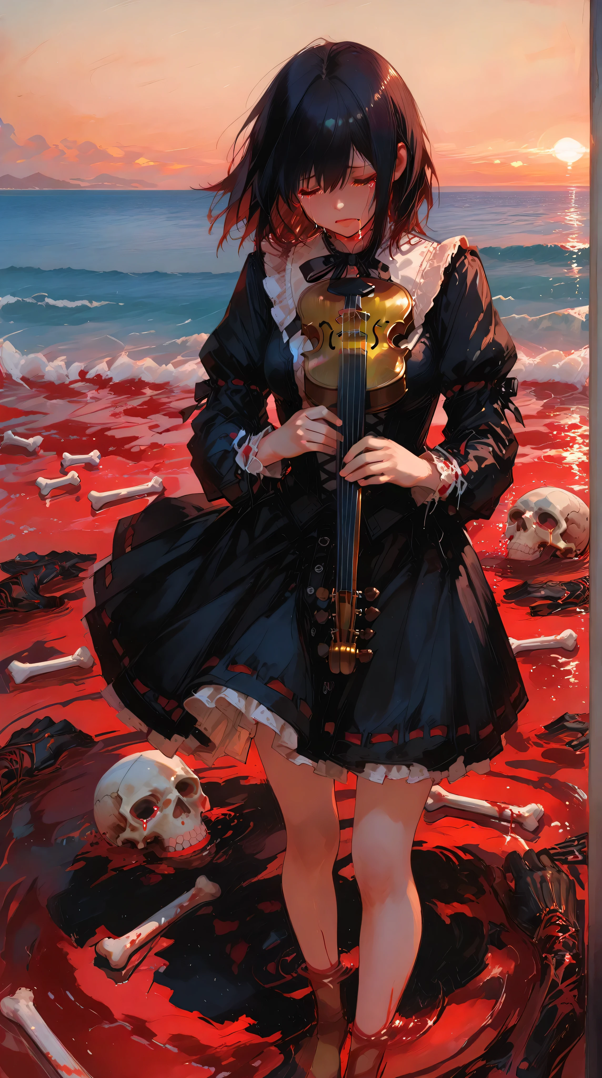 748cmstyle, anime girl, perfect hands according to anatomy, 5 fingers, perfect legs according to anatomy, 2 legs,
realistic shadow quality, realistic reflection quality, Realistic light quality, masterpiece, High Quality, High Quality, High quality eye detail, very aesthetic, Newest, Detailed Scenery,
A sorrowful woman with short, black hair gently blown by the wind, standing in a sea of blood during twilight. She is playing a haunting violin made from a human skull, with bone and sinew strings. Her expression is deeply tragic — the right eye is crying blood, while the left eye sheds a clear tear.
The sea around her is vividly red like freshly spilled blood, with dozens of mutilated human bodies floating — some recently slain, with severed limbs, hands, and feet scattered across the surface. The aftermath of a massacre.
The atmosphere is quiet yet heavy, tinged with warm red hues from the sunset. The wind carries the scent of sorrow. Blood soaks the sky and sea, and yet there's a strange sense of beauty and silence. Her silhouette looks fragile but unyielding, standing amid the carnage.
-- anime cinematic style, dark gothic, crimson ocean, emotional, blood-stained scene, expressive sad face, crying blood and tears, bone violin, scattered corpses, sunset lighting, wind-blown hair, high detail, surreal melancholy, tragic beauty