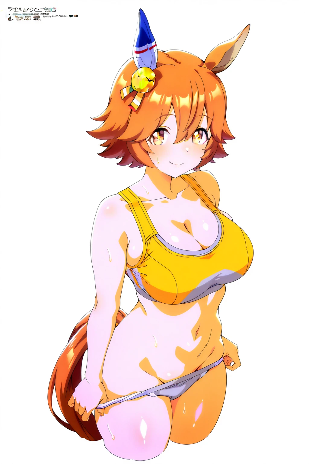 that is an illustration of a woman that has large breasts and is dressed as a cat, 1girl, breasts, furry female, solo, furry, animal ears, tail, white background, simple background, looking at viewer, long hair, navel, tiger girl, open mouth, hair ornament, flower, large breasts, cleavage, hair flower, hair between eyes, smile