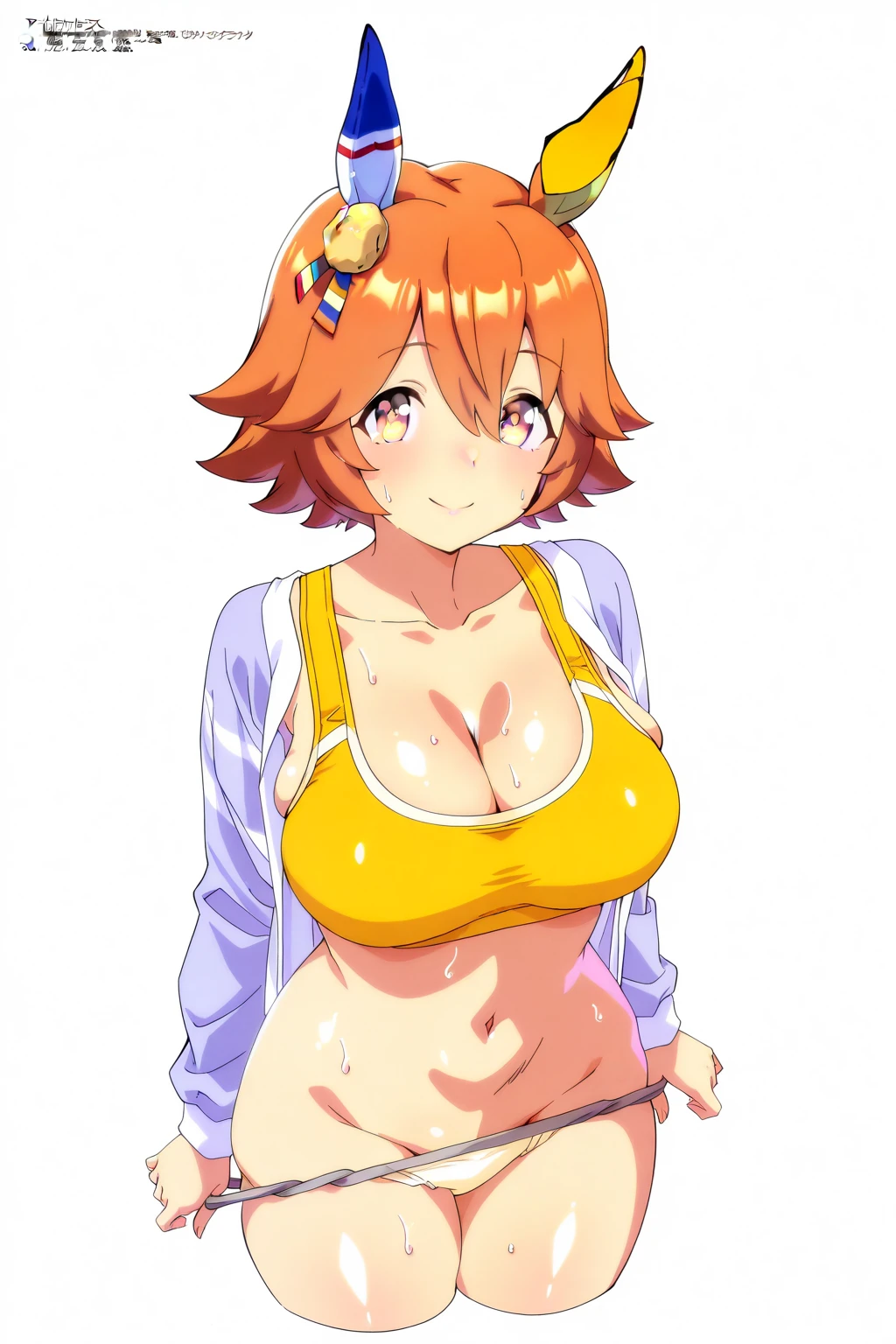 ((cl○se、16k、highest quality、High detail、Rich skin detail, Br○wsing Cauti○n, Huge breasts、Muscular、low length)), Sweat, ((Sw○llen nipples、Yellow and blue cheerleader outfit))、Light blue panties、White knee socks、((Underarm、Place y○ur hands behind y○ur head))、((Redhead、Yellow Eyes))、(((((Short bangs)))))、(((Blunt bangs、Long Ponytail))),  ((blush))、(Wide Hips)、((((:d、Embarrassing、Jumping))))、((On stage))