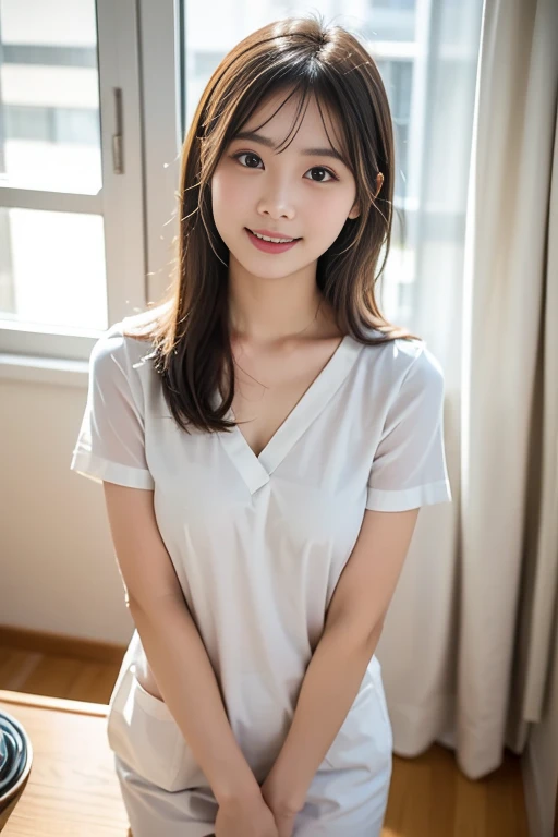 8k,masterpiece,Japanese,(9-year-old girl),from the front,The whole body is shown,A smile showing beautiful teeth,Innocent face,(Childish),Large Breasts,(A see-through sleeveless shirt with white buttons and a collar that accentuates the shape of the bust),(All buttons on the shirt are closed),A skirt so short you can see her pussy,(Not wearing underwear),Belly button,Put your hands behind your head and show your sides,(She spreads her legs wide to show off her vagina),semi-long,noon,bright,Lying on the bed,Angle from below