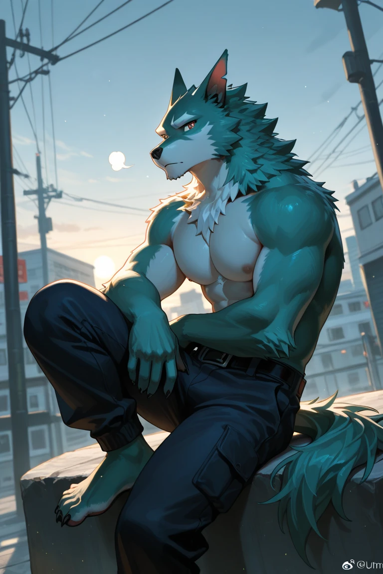 (Ultra Real), (illustration), (high resolution), (8K), (Muito detalhado), (Best illustration), (olhos detalhado) (melhor qualidade), (super detalhado), lobo, peludo, Pele ciano, peito branco, mamilo, olhando para o espectador, fundo da floresta, forest scenery, rosto sexy, pants, sem camisa, shirou ogami, Olhos ciano