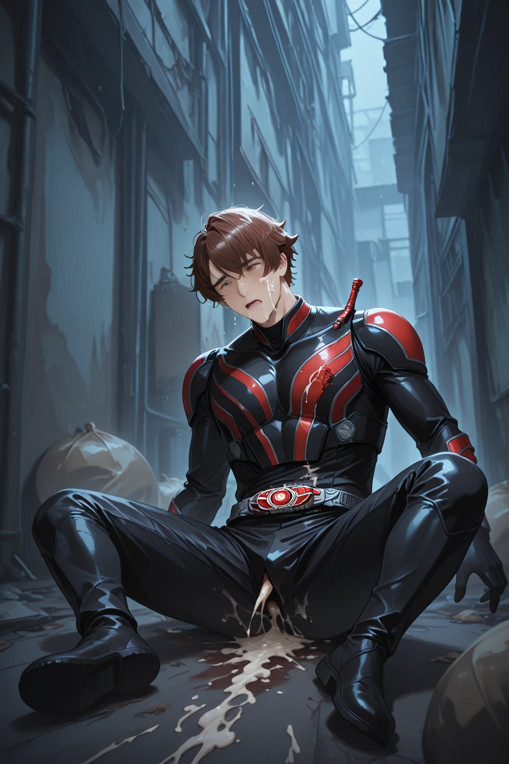(Masterpiece, Best quality: 1.2), Solo, Male focus, Essence strong, 1boy, Smile, looking at viewert, red tinted hair,Green eyes, (((Outfit in black:1.4))),{An extremely handsome boy}, 8K wallpaper, {{{Masterpiece}}},Exquisite facial features,(((best qualityer))), ((Ultra-detailed)), ((illustration)),Male focus, ((shaded face)),,Looking up,No Pupil,((Empty eyes)),Drooling,with her mouth open,Glowing eyes,(Expressionless),with her mouth open, ((Dark_Persona:1.7)), ((Heroes)), ((Masks:1.7)), clenched_teeth,,(((arms behind head:1. 3))),((Wet)), (((cum shots:1.2))),((The erection:1.5)),licking foot, Skinny,Bukkake,how to,aphrodisiac, Fingering,Bondage,BDSM:1.5, cum on bodyl ,Slaves, full body shot shot,((Put your hands behind your head:1.5))malefocus,(((short detailed hair:1.4))),((solo person)),(((tightsuit:1.3))),((Male)),((Mind controlled)), Skinny,Bukkake,how to,aphrodisiac, Fingering,BDSM:1.5 Shoot on the body ,Slaves, , Shoot at the finger, Fingering through panties , (((Mind_control:1.3))),