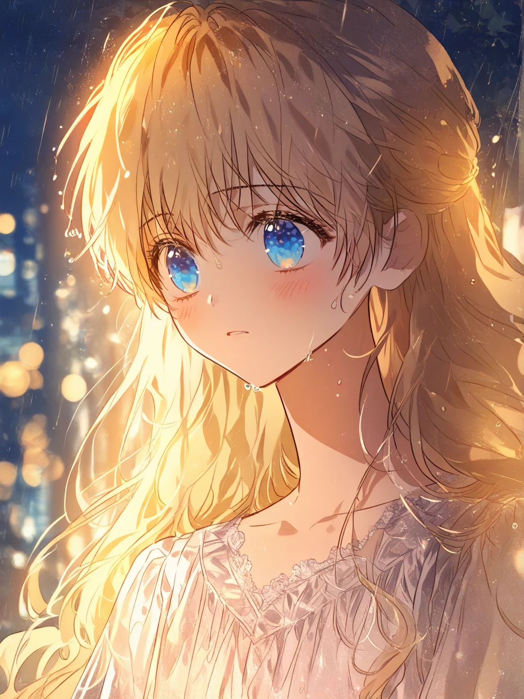 Closeup focus on girl, cinematic, rainy lighting, night time, Beautiful and atmospheric, high contrast, (masterpiece, best quality:1.2), atmospheric details, (solo focus), (depth of field:1.2), absurdres, highres, soft lighting, soft shadows, manhwa modern city background at night, {1girl, young girl, long blonde hair, small , cute girl, jewel blue eyes, soft blush, standing in the rain, white babydoll dress, wet dress clinging to body}, rainy weather