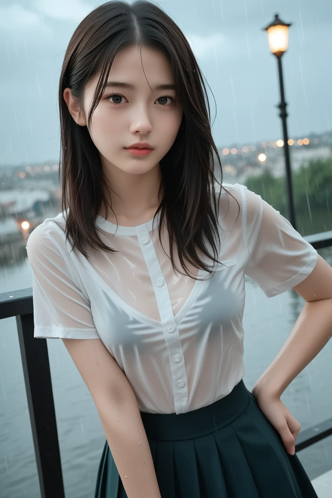 ((Top quality, 8k, Masterpiece: 1.3)), beauty, hidden face, (beautiful girl's, 15 years old), beauty:1.3, slender abs: 1.1, ((wet brown hair long with bangs bangs)), ((Wet ripped Shorts. Wet tank top. Wet skin_long legs. Full body. wet skin. heavy rain. Erotic stand. heavy rain. on the bridge. fence), ultra-detailed face, highly detailed lips, detailed eyes, double eyelids, make-up face. Red lipstick