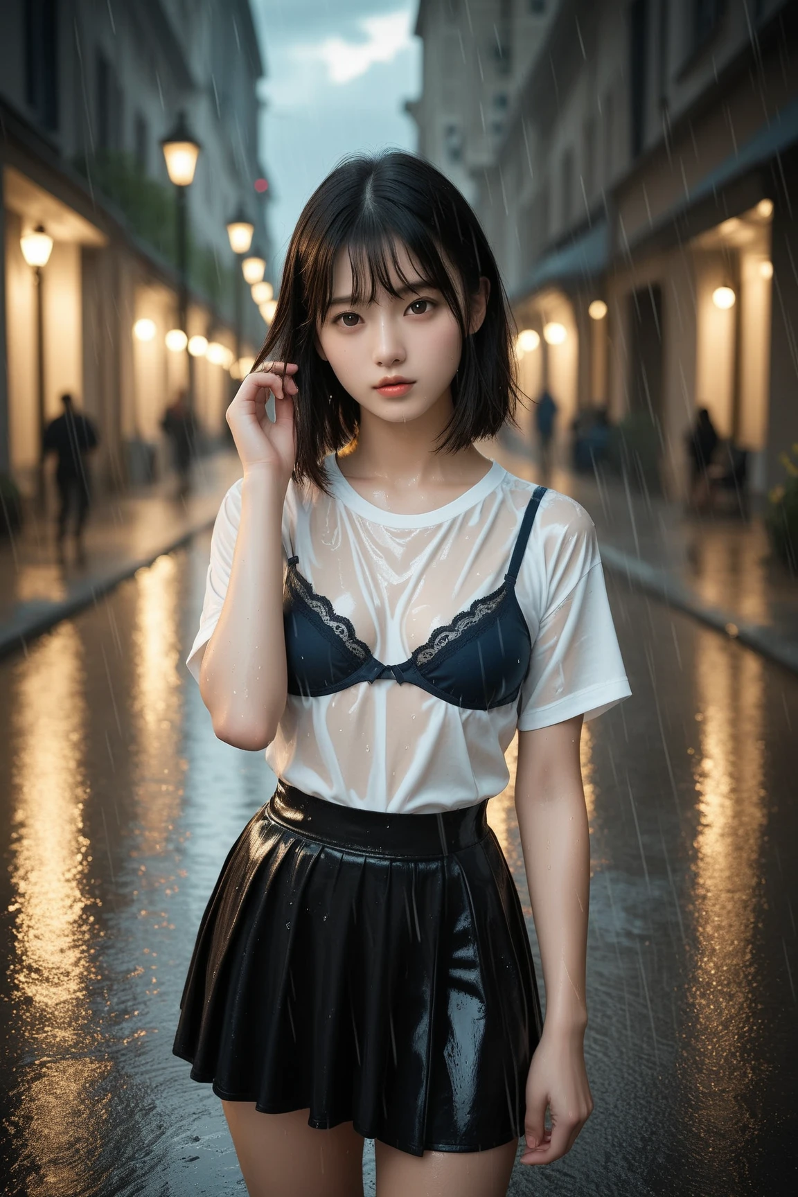 top-quality、1girl in,Korea person、A dark-haired、Shorthair、Wet hair:1.2、二重まぶた、Narrow-eyed、Uniform that is wet:1.5、huge tit:1.1,Black underwear shows through、Open chest:1.1、Thin leg、Front angle、Standing position、View here、natta、rain is falling、A road without people、Background blur