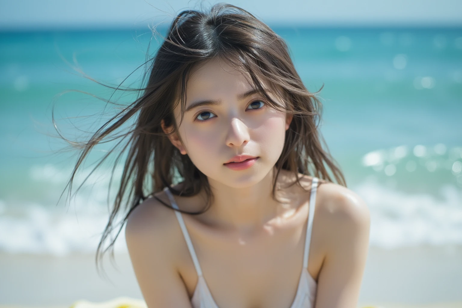 (highest quality、8K、32K、masterpiece、nffsw:1.2)、photo of cute japanese woman、Background sea、realistic、hair a little longer than the shoulders、half up、brown hair close to black、Upper body、surface focus、necklace、From above、looking at the viewer、White t-shirt over swimsuit、Translucency、