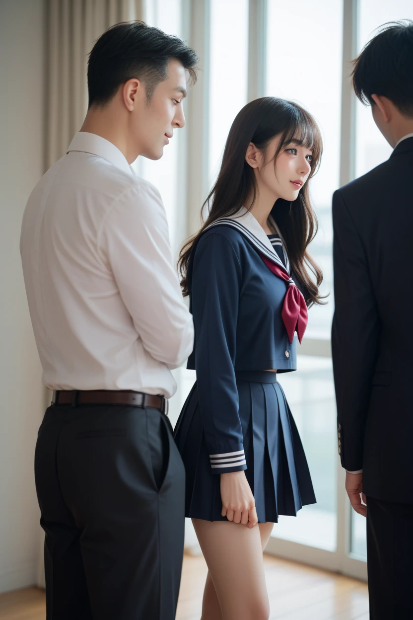 molesting、(Raw photography、Highest Quality、realisitic、Photorealsitic、​masterpiece、ultra-detailliert、hight resolution、full-shot)、The Japan train was crowded with only a few men、1girl in、Alone:2、schoolgirl in school uniform、Sailor suit and navy blue short skirt:1.5、Beautiful face:1.5、(slim figure)、Middle aged man in suit、(Hugging her from behind)、(touching breasts:1.3)、(Other middle-aged men tearing skirts:1.4)、(Middle aged man taking off white panties:1.3)、(Middle aged man touching ??????:1.3)、Only men surround her、she is crying、(She sheds tears:1.4)、Draw in clear detail whose hand it is、White lace panties、The shape of the woman's pubic area is clearly visible、Taut、big breasts thin waist