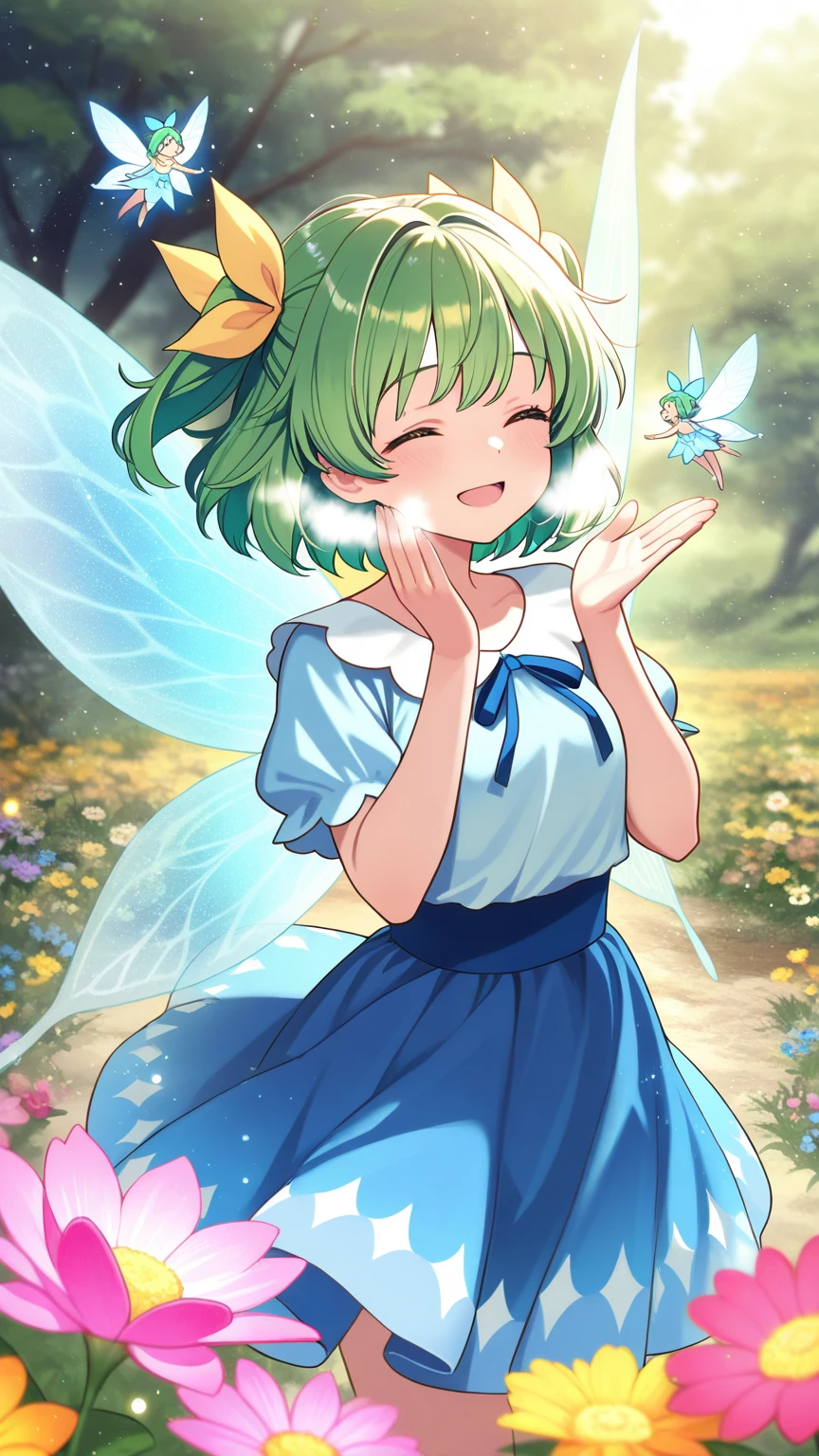 A very, very small fairy, her size is 20 centimeters. She is lying on the palm of someone’s hand. She is covering her private parts with leaves. She is in the forest. She is lying on someone’s hand and he is holding her up in the air. She is looking in amazement. She is cute. Her hair is yellow. She is 13 years old. Her size is very, very, very small. Smaller than a palm. Human she is lying on someone's hand