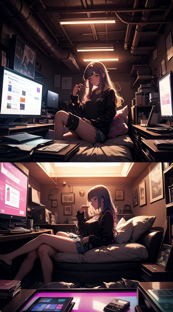 There were two people lying in bed，Have a laptop, Guviz-style artwork, style of anime4 K, Guweiz in Pixiv ArtStation, Guweiz on ArtStation Pixiv, Relaxing concept art, author：yanjun cheng, Anime style. 8K, Realistic anime 3 D style, girls resting, Cinematic. author：leng jun