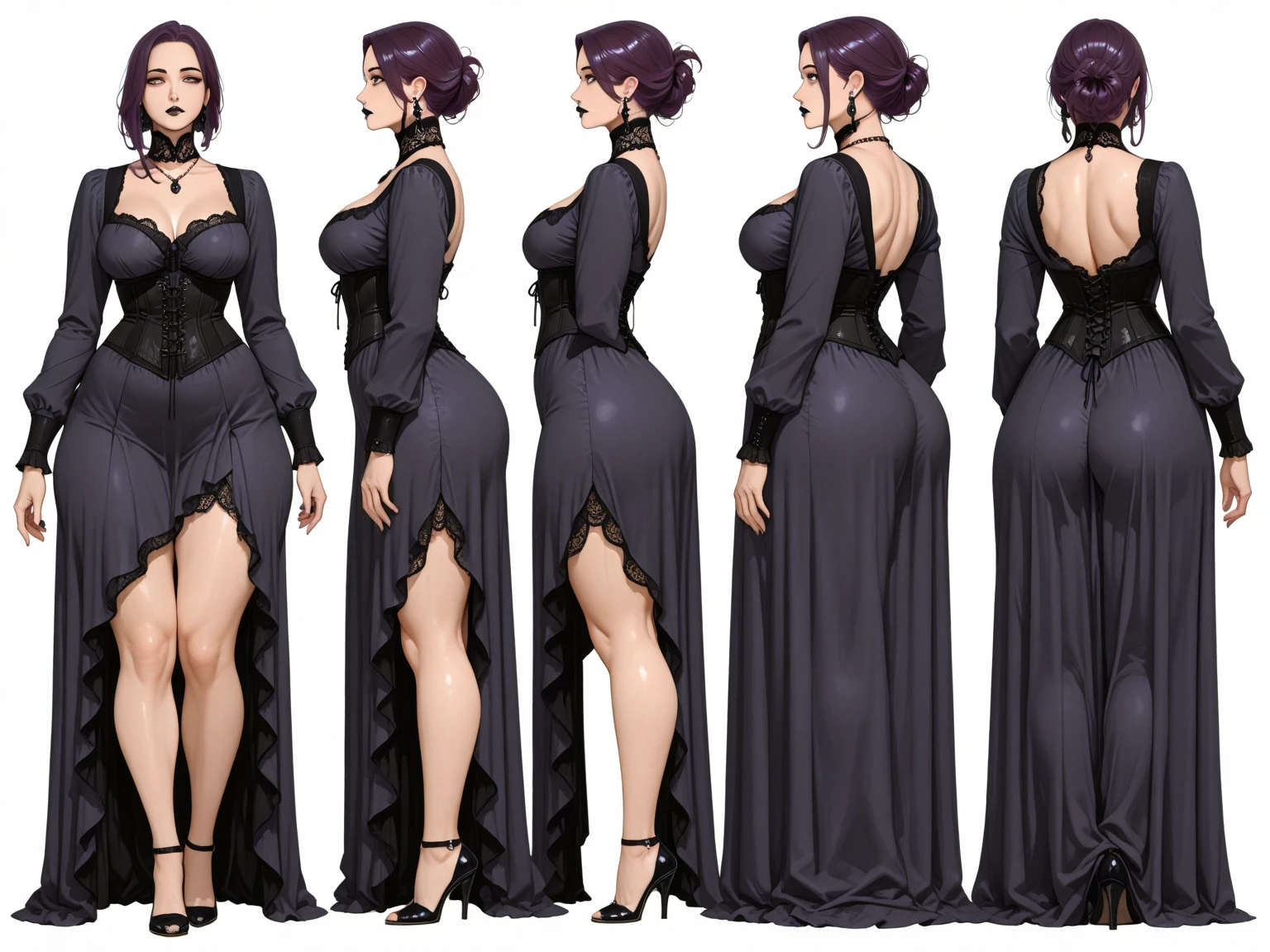 Photo of beautiful young woman, age 25, (((head in frame))), (full body), purple dress, perfectly beautiful, highly detail, dark hair, studio lighting, anime photography