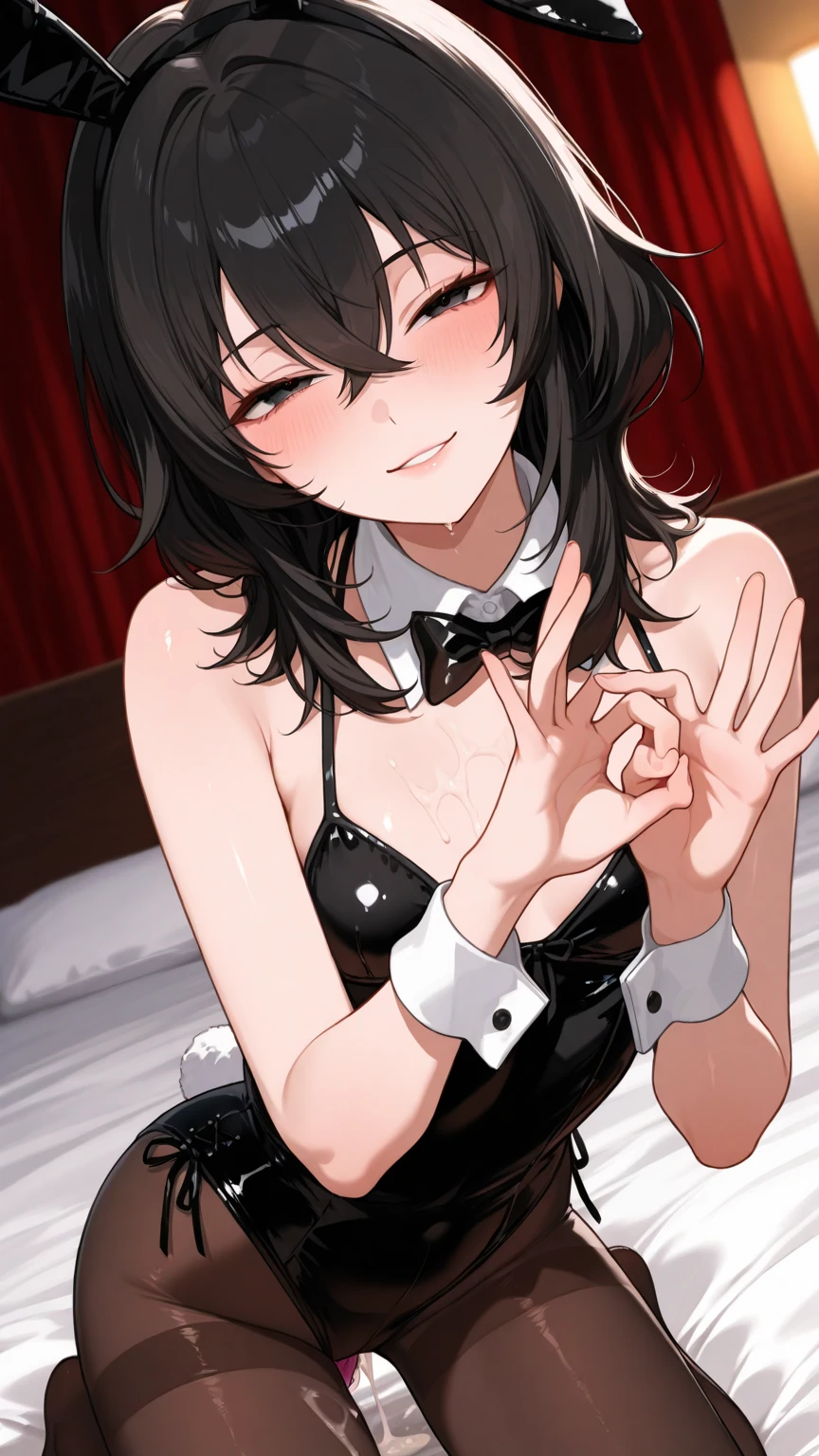 perfect ???????, masterpiece:1.4, best highres, 16k, (in the night bedroom), (Bunny girl style) (low-angle:1.3) (solo:1.3 ((blunt bangs)) black hair long hair sexy bunny girl), ((15 yo)), (sexy:1.3 closed eyes, best smile), break, (in a sexy:1.3  bunny  leotard), (Both legs with detailed black Fishnet tights:1.2).