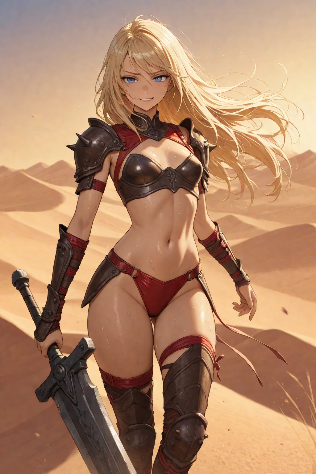 1girl, medium breasts, leotard, black leotard with red accents, sleeveless, midriff, bare legs, boots, matching boots, bracelets, mars backdrop, solo, single, standing, full body shot, cowboy shot, beautiful detailed eyes, blonde hair, medium hair, blue eyes, superhero, barbarian, using broad sword in hand