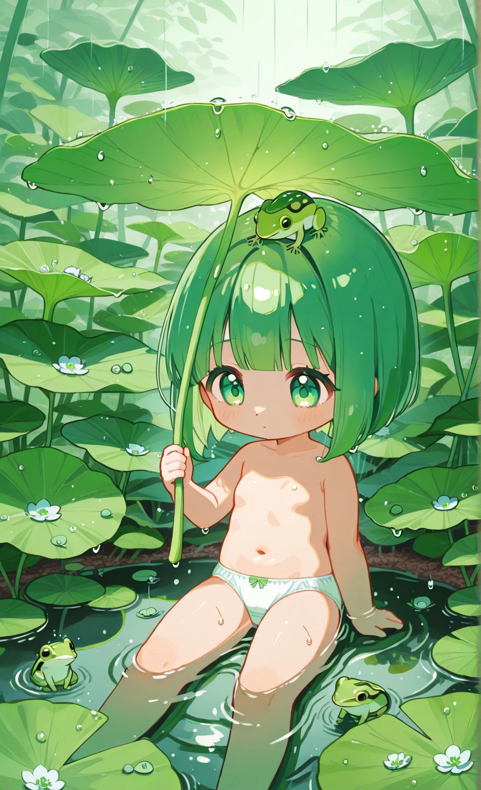 Frog skin girl,Completely naked,In the water,Human face,Anime Style,White belly