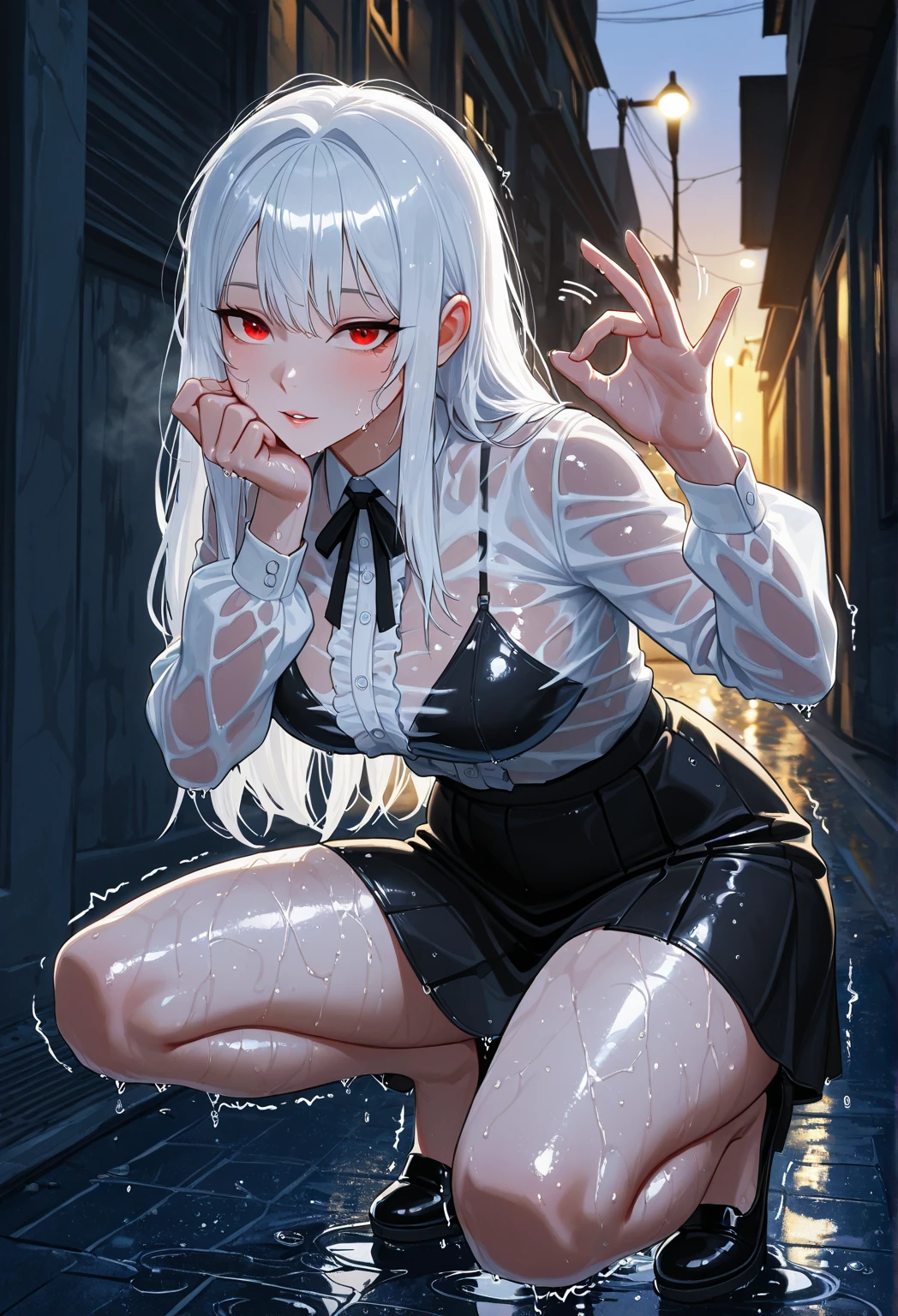 A 18-year-old boy, white and tender skin, cute, wearing white long-sleeved shirt, black jacket and black work tie, black trousers, black booties, white gloves, collar, white hair,wear cat ears, black eyes, thin waist, thin legs, handsome, disdainful and indifferent expression, shy, blush a lot, afraid, sweating, tired, pornography, Pornographic action
