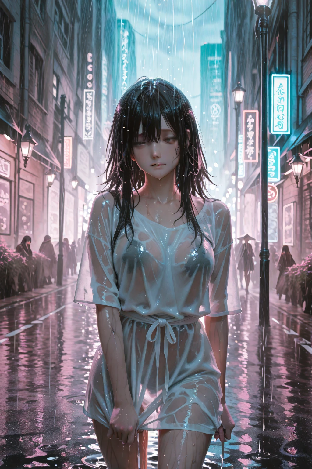 (((best quality))),(((ultra detailed))),(((masterpiece))),illustration,((1 beautiful girl,solo)),(dancing:1.3),((slim,thin)),short ponytail,((small breasts,flat chest)),floral short-sleeved shirt-dress,slender legs,rainy night, heavy rain, drenched clothes, melancholy expression, solitude, tear rolling down cheek, wet hair, empty streets, dimly lit, deserted environment, sound of rain, footsteps, symbol of hope, abandoned, resilience, determination, walking in rain, heartbreak, loss, love fading, loneliness, body language, facial expression, dreary atmosphere, rain-soaked streets, somber mood, viewer engagement,from front,urban scape,night scene,(((wet,sweat,shiny skin))),