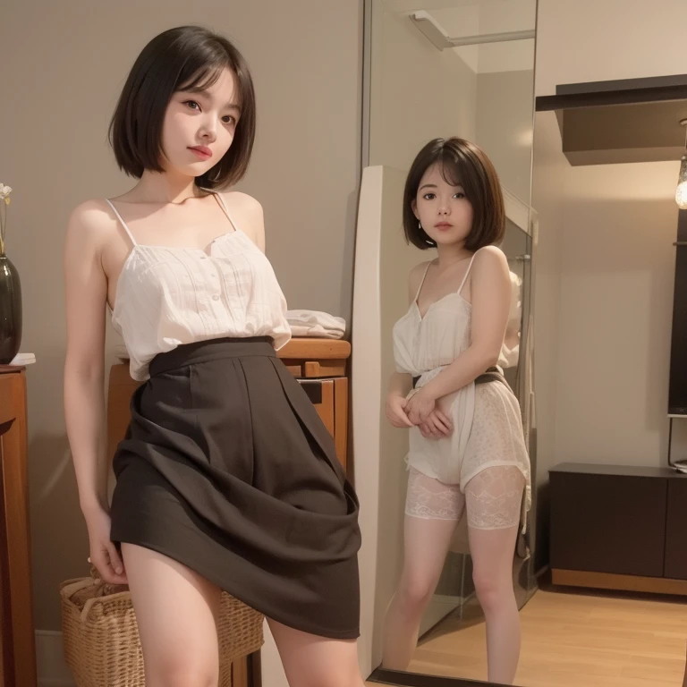 (tmasterpiece,best qualtiy:1.3),(full bodyesbian:1.3)extremly high detail,复杂,8K,hdr,the wallpaper,cinmatic lighting,Bedrooms((Eye makeup))(((legs are open)))((((short skirt:1.5)))),((slippers))(((Happy expression: 1.8)),(Larger chest), Twinkle, (20yr old), ((Slimmer figure: 1.5)), (((camisole: 1.5)))), ((Nice hairstyle: 1.5)))),((((ankle)))),((((Toes)))