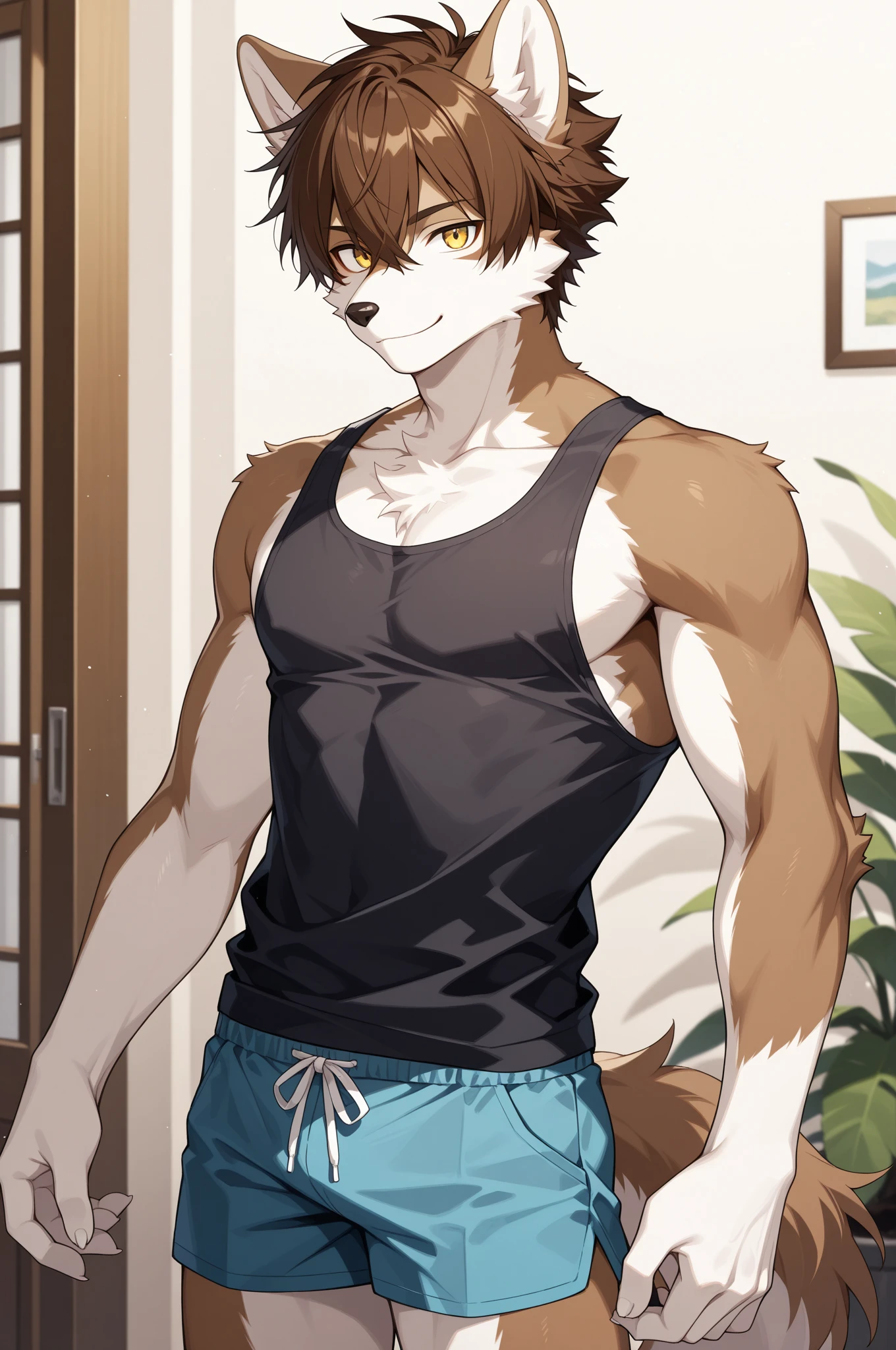A young wolf, 18 years old, with an athletic body, looking like a teenager