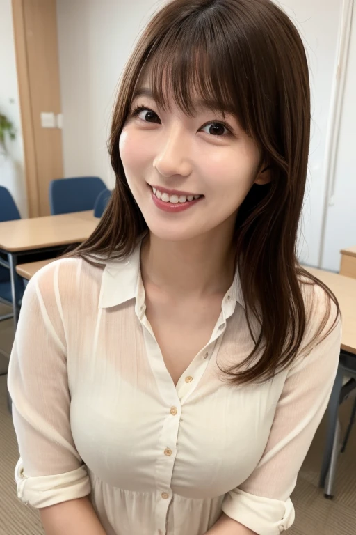 8k、(masterpiece, Highest quality:1.4)、Very realistic、Japanese、One Woman、She has a tall and slender figure with long legs.、Flat Chest、(((Description:In the office、clothing:OL uniform wearing)))、38 years old、(Hairstyle:Bangs(1.6))、The best smile、